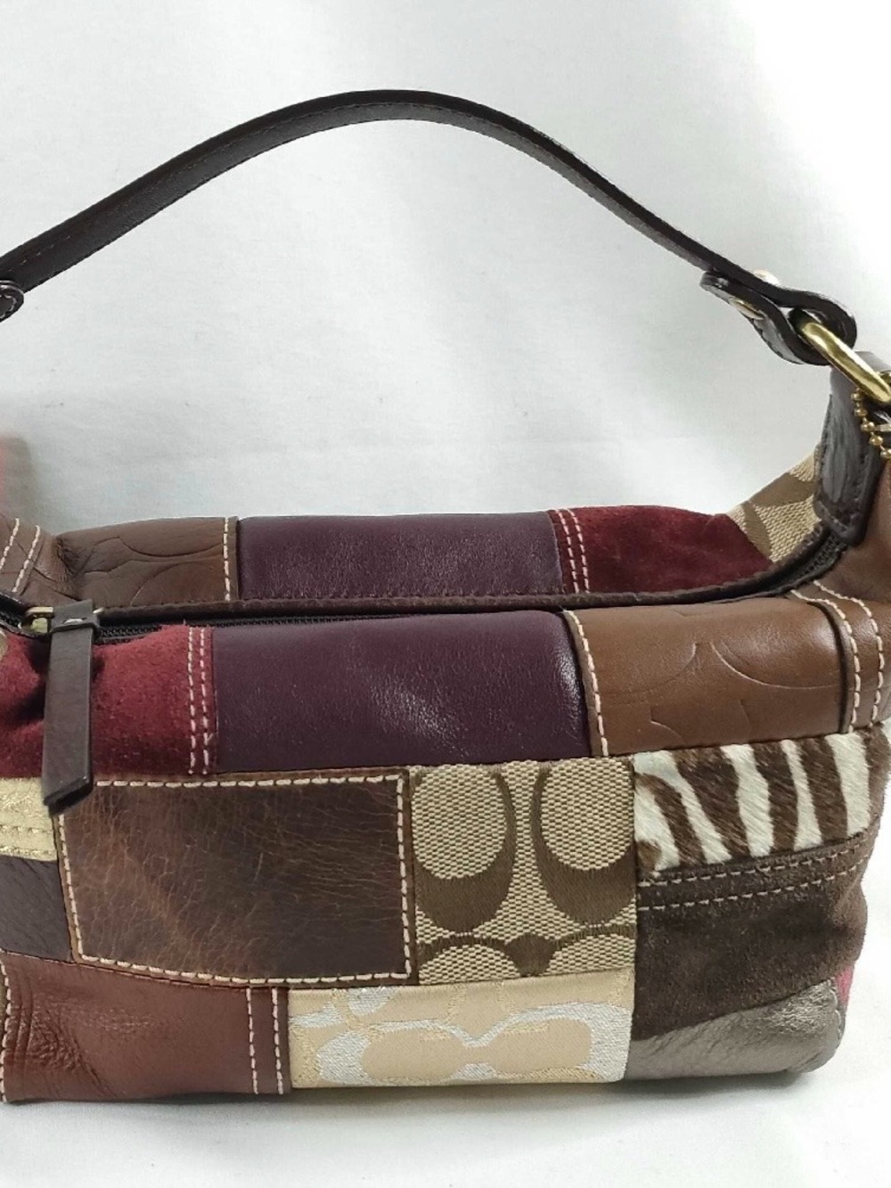 Patchwork Leather Shoulder Bag in Brown & Burgundy